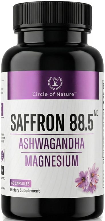 Circle of Nature Saffron 88.5 mg with Ashwagandha and Magnesium bottle, 60 vegetarian capsules