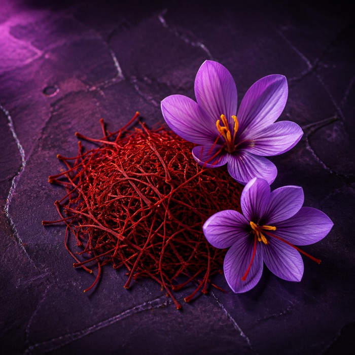 Dried saffron threads beside purple saffron crocus flowers