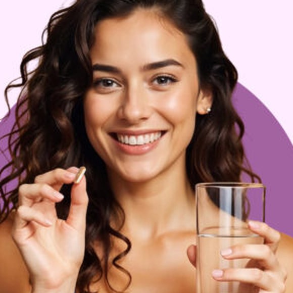 Customer taking a Circle of Nature capsule with a glass of water